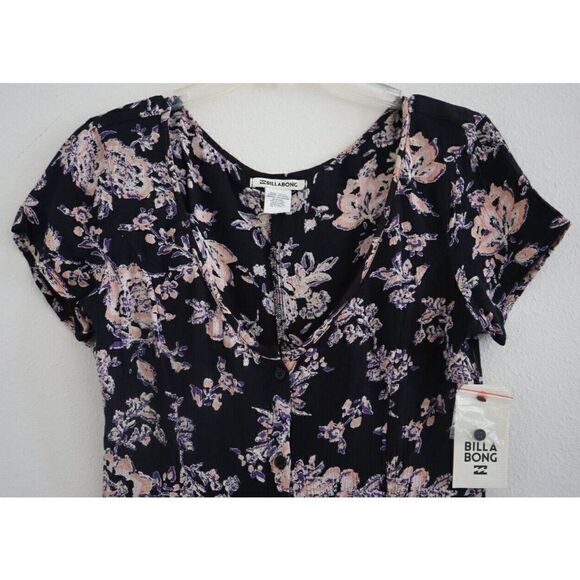 Billabong J201EFES Women's Sz S Black Floral Short Sleeve Button Front Romper - Picture 3 of 13